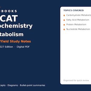 May include: A dark blue digital study guide titled Medbooks MCAT Biochemistry Metabolism High Yield Study Notes 2026-2027 Edition. It lists topics including carbohydrate, fatty acid, protein, and nucleotide metabolism with key concepts.