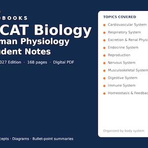 Könnte beinhalten: Ein digitales PDF-Dokument mit dem Titel Medbooks MCAT Biology Human Physiology Student Notes Ausgabe 2026-2027, 168 Seiten. Es listet Themen wie Herz-Kreislauf-, Atmungs-, Ausscheidungs-, endokrines, Nerven-, Muskel-Skelett-, Verdauungs-, Immun- und Homöostasesysteme auf.