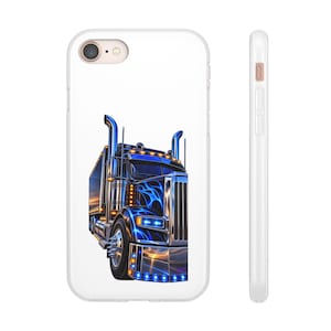 May include: A white smartphone case featuring a detailed illustration of a semi-truck with blue flame graphics, chrome accents, and illuminated orange and blue lights. The design includes a sunset reflection on the bumper and side panels.