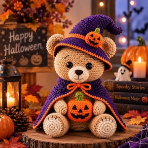 Può includere: Un orsacchiotto all'uncinetto color marrone chiaro che indossa un cappello da strega viola con un dettaglio a forma di zucca arancione e un mantello viola abbinato con bordi arancioni. L'orso tiene in mano una piccola zucca arancione.