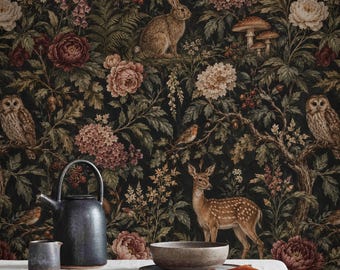 Dark Woodland Wallpaper Forest Animals Mural Vintage Botanical Floral Peel Stick Removable Wall Paper