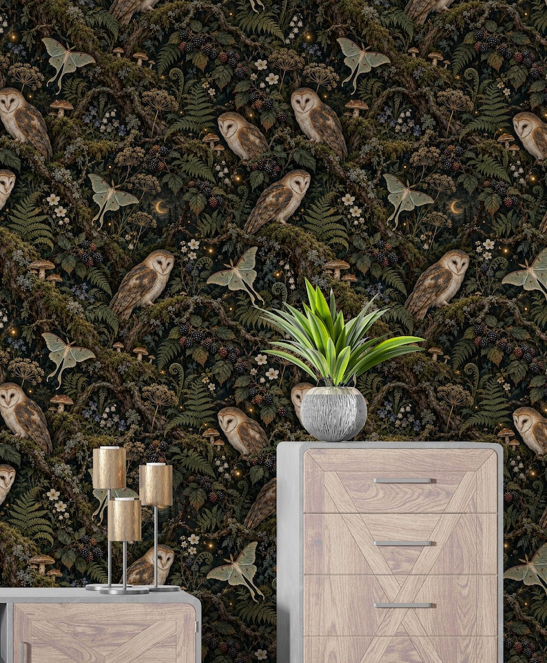 Dark Woodland Moody Wallpaper: Vintage Midnight Forest Mural, Moth and ...
