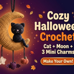 Patrón de ganchillo de gato negro sobre luna creciente, decoración colgante de amigurumi de Halloween, PDF para colgar,