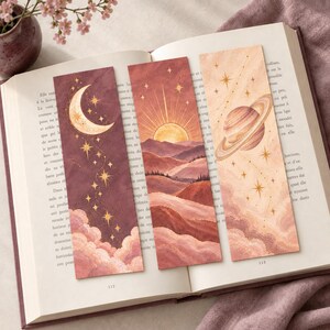 Set of 3 celestial bookmarks: Moon, Sun, Saturn – Reading Gift – Choice of pink, midnight blue, or sage green