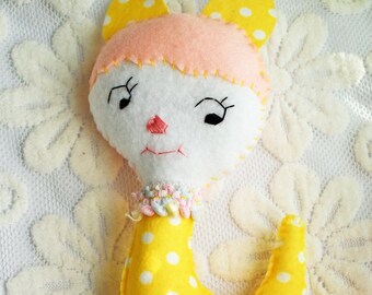 Whimsical yellow polka dot doll-Llama type creature-Cute plush doll-Kids room decor-Baby shower decor-fun gifts-retro style handmade doll