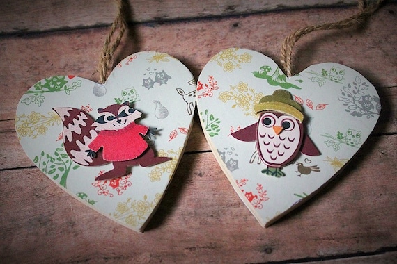 Woodland Heart Ornaments-woodland Animals-wooden Hearts-owl 