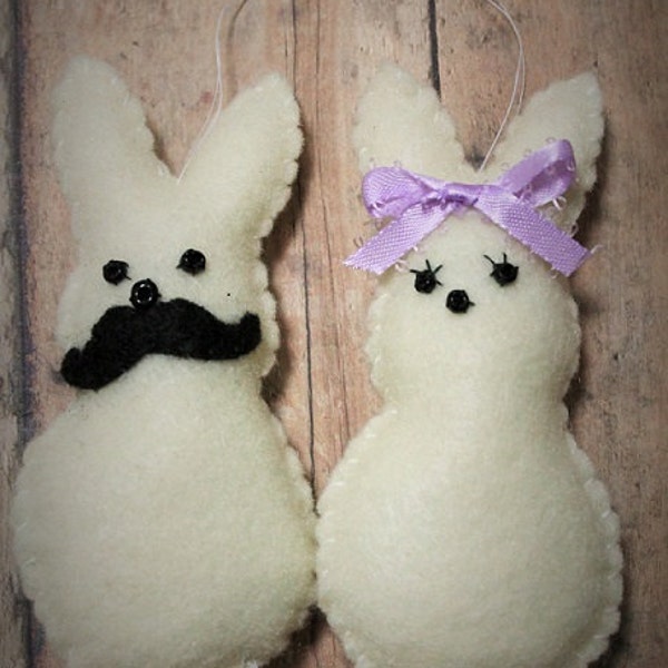 Easter Bunny Couple-Handmade felt rabbit ornaments-Bunny with Mustache-Easter bunny-Easter decor-Holiday decor-Basket fillers-His and hers