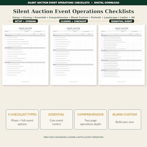 Op de afbeelding: Een digitale downloadset met checklists voor de operatie van stille veilingen, bestaande uit drie verschillende documentsjablonen. De pagina's bevatten kolommen voor eigenaar, notities en evenementen met afdrukbare selectievakjes voor opzet en afsluiting.