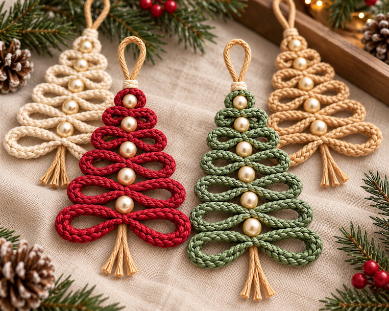 four crocheted Christmas tree ornaments in various colors, including red, green, and beige, arranged on a beige cloth. The ornaments are surrounded by pine branches and pine cones, creating a festive holiday scene.