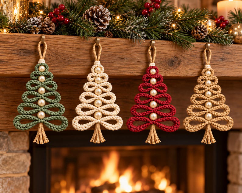 A cozy fireplace decorated with four knitted Christmas trees in various colors, including green, white, red, and beige, with pine cones and berries on the mantel.