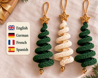 Crochet Pattern PDF Spiral Christmas Tree Ornament, Gold Star & Bell Accent (18-Page Visual Guide, Forest Green or Ivory Cotton Yarn)