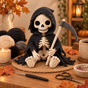 Häkelanleitung „Mitternachtssenmann“ – Gothic-Skelett-Amigurumi (Digitaler Download)