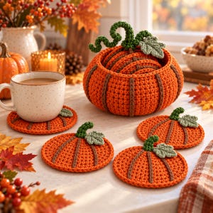 May include: A set of crocheted pumpkin-shaped coasters in bright orange with brown vertical ribs and small green leaves. The coasters are stored in a matching crocheted pumpkin-shaped basket with a curly green stem on top, sitting on a surface.