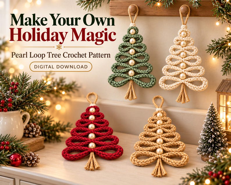 a collection of four handmade Christmas tree ornaments, each crafted from a unique loop tree crochet pattern. The ornaments are displayed on a shelf, surrounded by holiday decorations such as pine cones, berries, and a small lantern. The image also includes text that reads "Make Your Own Holiday Magic" and "Digital download", suggesting that these ornaments can be easily created and shared digitally.