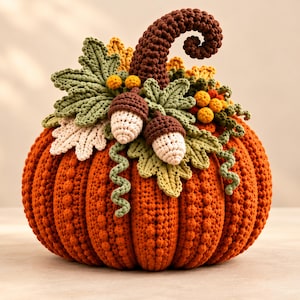 May include: A crocheted pumpkin in a vibrant orange hue with a textured, ribbed surface. The top is adorned with a dark brown curled stem, several sage green crocheted leaves, two small cream and brown acorns, and clusters of tiny yellow berries.