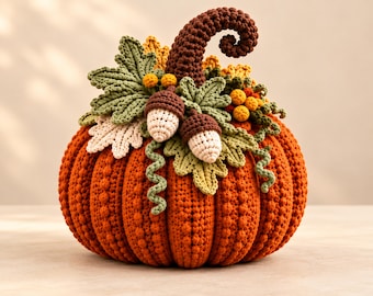 Haakpatroon voor een pompoen (PDF), met herfstbladeren en eikels, decoratie voor Thanksgiving (digitale download)