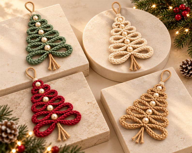 four handmade Christmas tree ornaments, each crafted from yarn and adorned with small pearls. The ornaments are arranged on a beige surface, surrounded by pine branches and pine cones, creating a festive and holiday atmosphere.