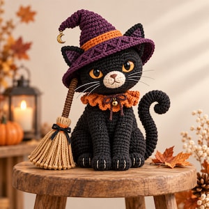 Puede incluir: Una figura de gato de ganchillo negra que lleva un sombrero de bruja morado y naranja con un dije de luna creciente dorada, y un cuello con volantes naranja con un cascabel. El gato sostiene una escoba de ganchillo beige con un lazo negro.