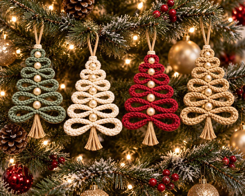 a beautifully decorated Christmas tree adorned with four crocheted Christmas tree ornaments in various colors and sizes, including green, white, red, and gold. The ornaments are hanging from the tree branches, creating a festive and cozy atmosphere.