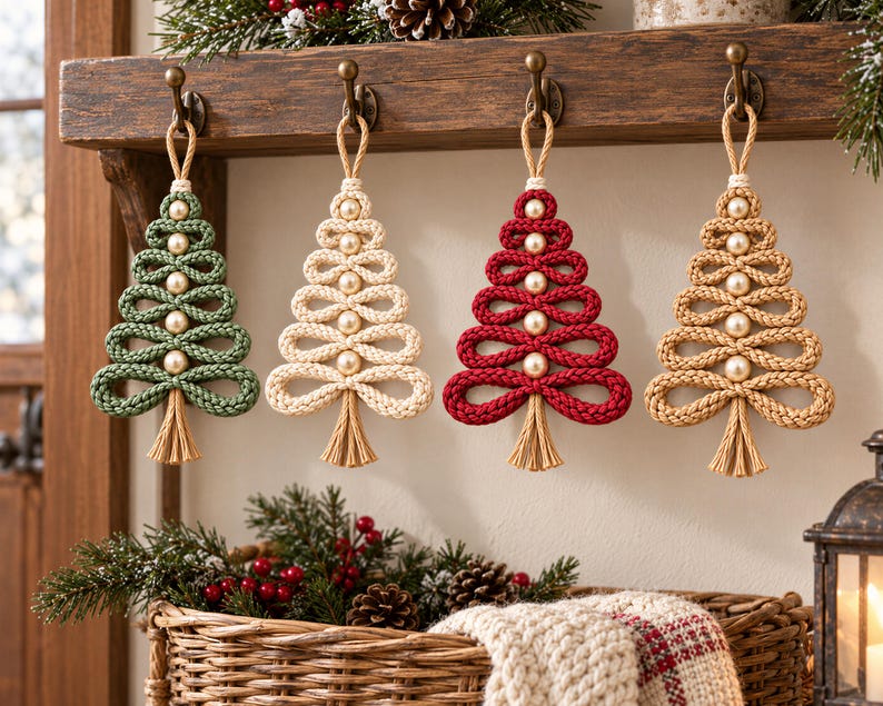 A collection of crocheted Christmas tree ornaments in various colors, including green, white, red, and beige, hanging on a wooden shelf.