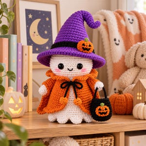 May include: A crocheted ghost doll wearing a purple witch hat with a small orange pumpkin accent and an orange cape tied with a black string. The ghost has black eyes, pink cheeks, and holds a small black trick-or-treat bucket with a pumpkin face.