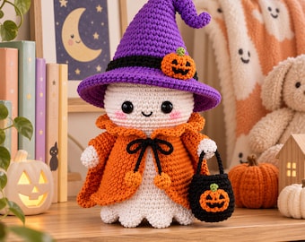 Op de afbeelding: Een gehaakte spookpop met een paarse heksenhoed met een klein oranje pompoenaccent en een oranje cape vastgemaakt met een zwart koord. Het spookje heeft zwarte ogen, roze wangen en houdt een klein zwart snoepemmertje met een pompoengezicht vast.