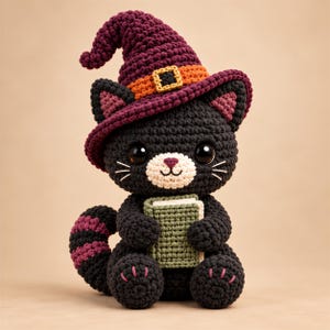 Puede incluir: Un peluche de gato tejido a ganchillo de color negro que lleva un sombrero de bruja morado con una banda naranja y una hebilla amarilla. El gato tiene ojos oscuros grandes, un hocico color crema y nariz rosa. Sostiene un pequeño libro verde.