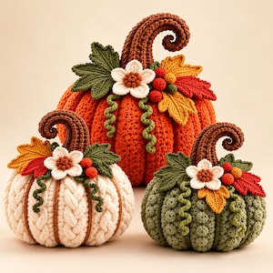 May include: Three crocheted pumpkins in orange, cream, and sage green. Each pumpkin features a brown curly stem, a white flower with a brown center, small red and orange berries, and green crocheted leaves. The pumpkins have textured patterns.