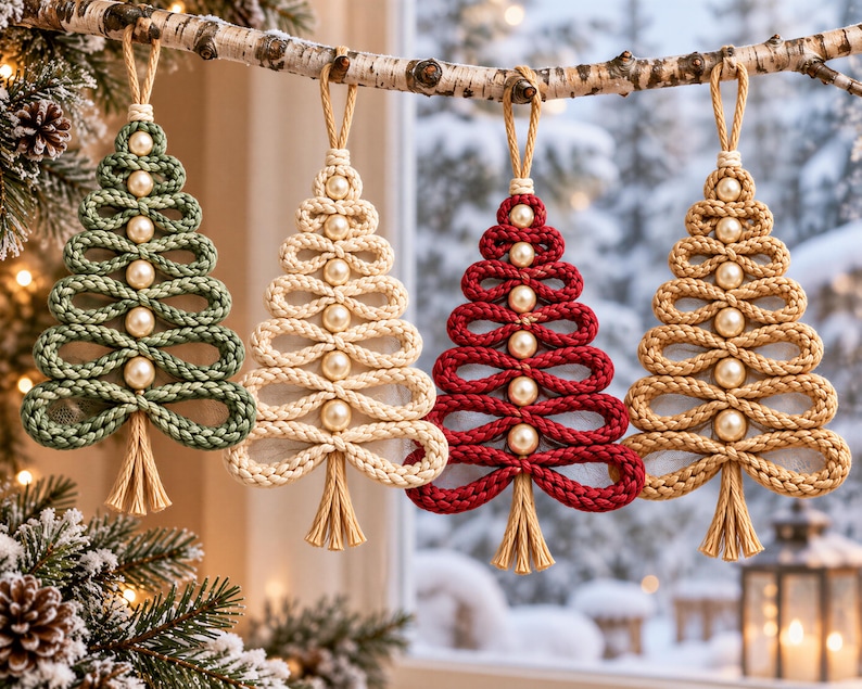 A row of crocheted Christmas tree ornaments in various colors, including green, beige, red, and gold, hanging from a branch.