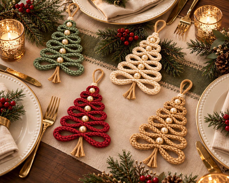 A festive table setting with four knitted Christmas tree ornaments in various colors and sizes, surrounded by candles, pine branches, and berries, creating a cozy and holiday atmosphere.