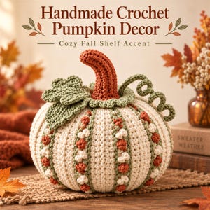 May include: A handmade crochet pumpkin decor featuring a cream-colored body with vertical ribbed sections in sage green, accented by small orange and white bobble stitches. It has a textured orange stem and a sage green crocheted leaf and vine.