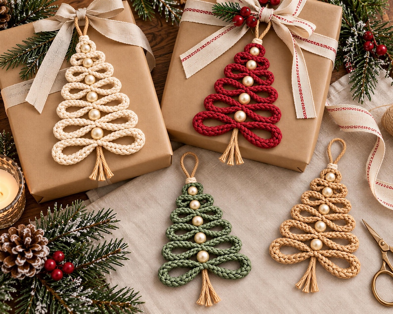 a festive arrangement of Christmas-themed ornaments, wrapped gifts, and holiday decorations. The ornaments are crafted from yarn and are designed to resemble Christmas trees, with a variety of colors and sizes. The wrapped gifts are placed on a wooden surface, and the overall scene conveys a warm and celebratory holiday atmosphere.