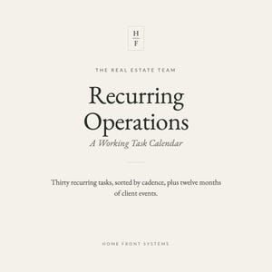 Op de afbeelding: Een crèmekleurig document getiteld Recurring Operations, A Working Task Calendar voor The Real Estate Team. Het bevat dertig terugkerende taken, gesorteerd op cadans, plus twaalf maanden aan klantevenementen, met het Home Front Systems logo onderaan.