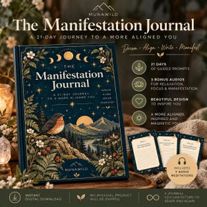 May include: A dark blue hardcover journal titled The Manifestation Journal: A 21-Day Journey to a More Aligned You. The cover features a bird, mountains, moon phases, and stars. Includes three small cards with daily prompts and an audio meditation icon.