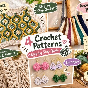 May include: A collection of four crochet patterns featuring a green, yellow, and white patterned top, a multi-colored striped accordion bag, macrame knots, and four pairs of floral and geometric crochet earrings with gold-toned hooks.