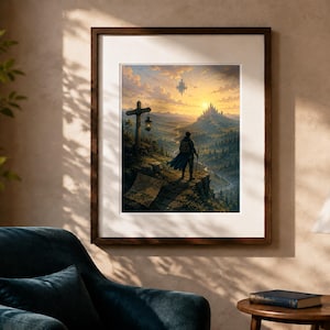 May include: A framed wall art print depicting a fantasy landscape with a lone traveler standing on a cliff edge overlooking a valley, a distant castle, and a floating structure under a golden sunset sky, featuring a wooden signpost with a lantern.