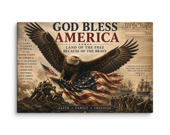 American Patriotic God Bless America Canvas | Vintage Americana Wall Art | Eagle Flag Decor