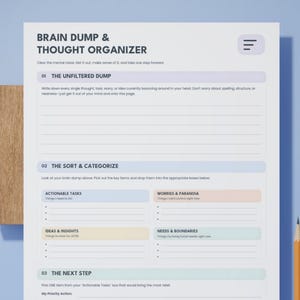 May include: A white paper organizer titled Brain Dump & Thought Organizer with sections for The Unfiltered Dump, The Sort & Categorize, and The Next Step. The layout includes light blue, peach, yellow, and green boxes for tasks and notes.