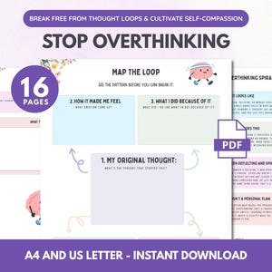 May include: A 16-page digital PDF workbook titled Stop Overthinking, featuring a Map the Loop worksheet with sections for original thoughts, feelings, and actions. The pages include floral illustrations, a cartoon brain character, and text.