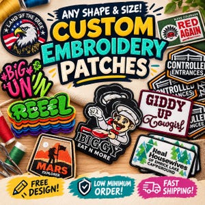 May include: A collection of custom embroidered patches in various shapes and designs, including a bald eagle, a chef, a Mars explorer, and text-based graphics. The patches feature vibrant colours and detailed stitching on a light fabric background.