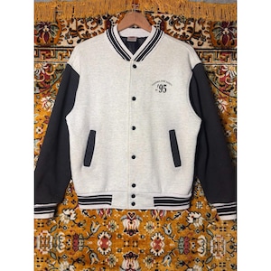 1995 Varsity Bomber Jacket Fruit of the Loom Heather Grey Black Unisex sz M