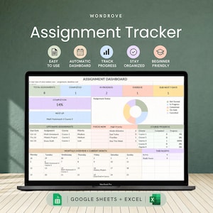 Assignment Tracker Spreadsheet, Google Sheets and Excel, Academic and Student Planner with Homework Calendar