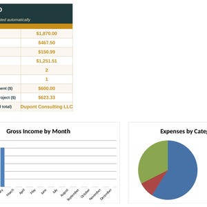 Puede incluir: Un panel de control empresarial que muestra métricas financieras como ingresos totales, ahorros fiscales, gastos y beneficios. Incluye una tabla de datos, un gráfico de barras titulado Gross Income by Month y un gráfico circular.