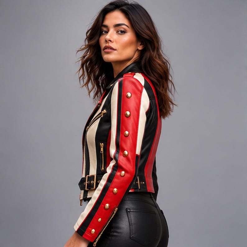 Colorblock Racing Jacket Women’s Red Black White Leather Biker Jacket, Racing Moto Motorcycle ...
