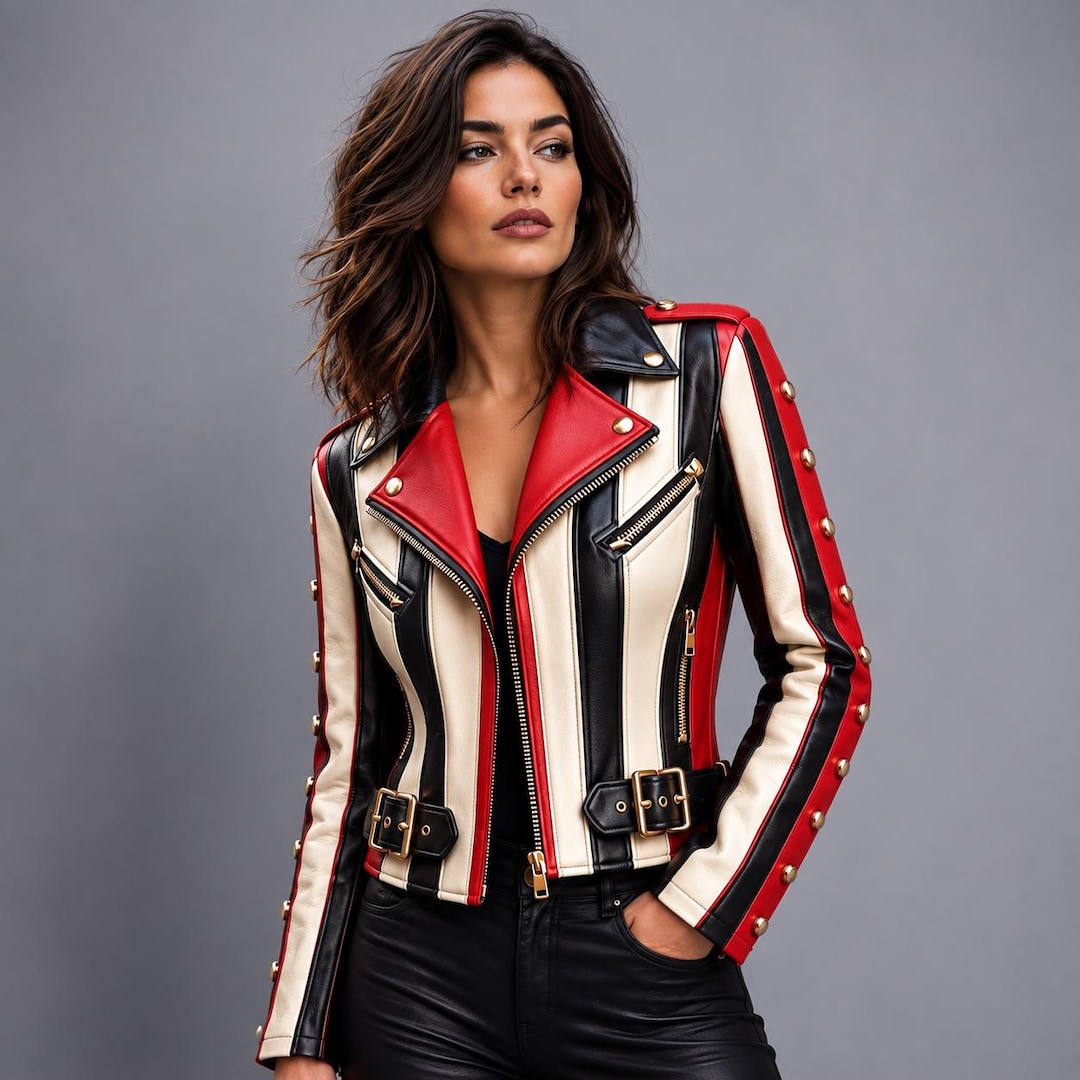 Colorblock Racing Jacket Women’s Red Black White Leather Biker Jacket, Racing Moto Motorcycle ...