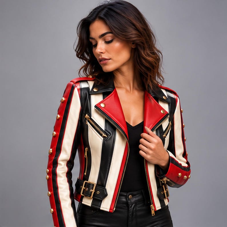 Colorblock Racing Jacket Women’s Red Black White Leather Biker Jacket, Racing Moto Motorcycle ...