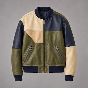 Men's & Women's Patchwork Leather Bomber Jacket, Three Tone Color Block Zip Up Vintage Coat