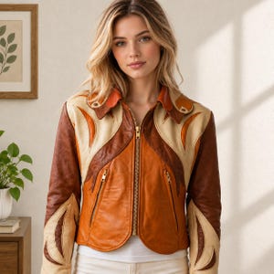 Women's Western Leather Jacket, Brown Cream Patchwork Biker Coat, Vintage Cowboy Style Zip Up Jacket