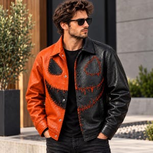 Men's Halloween Leather Jacket, Black Orange Two Tone Patchwork Coat, Pumpkin Face Stitching Gothic Biker Jacket