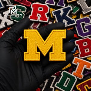 Michigan M Letter Embroidered Patch, Gold Varsity Block Letter Applique